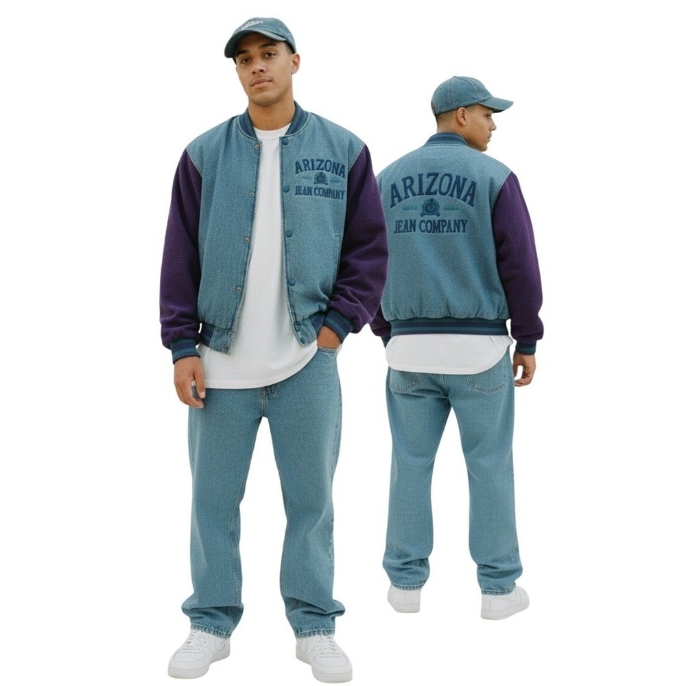 Vintage 90s Arizona Jean Company Denim Suede Bomber Jacket Purple Teal Medium‎ - Picture 3 of 13